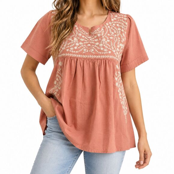 Tea Rose Tops - Tea N Rose Embroidered Floral Babydoll Tunic Top Dusty Rose Womens Size S